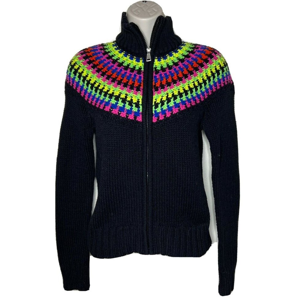 Ralph Lauren Zip Front Knit Sweater Womens XS Black Colorful Shoulder Knit NWT